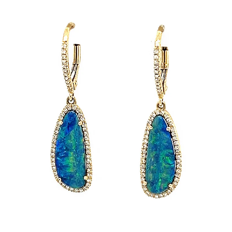 Curved metal earrings-14k Yellow Black Opal Earrings