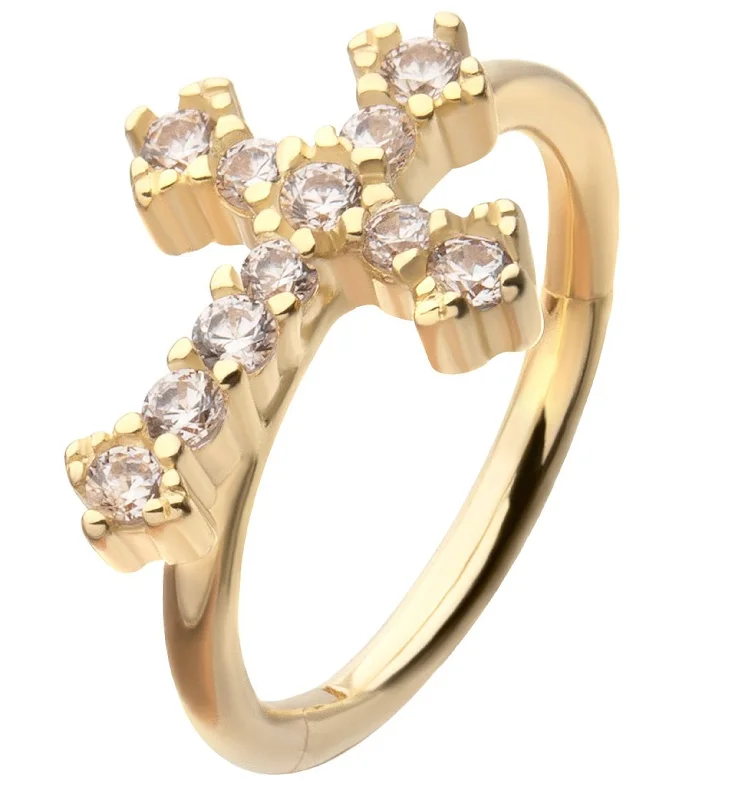 Iron toned earrings-14kt Gold Baroque Cross Clear CZ Hinged Segment Ring