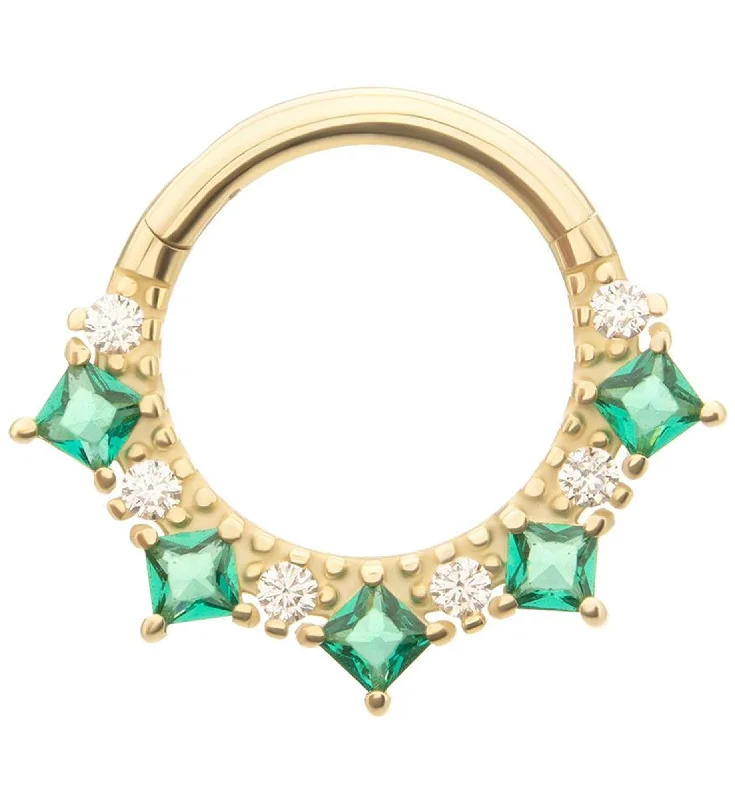 Oval-cut opal earrings-14kt Gold Beaded Princess Emerald CZ Hinged Segment Ring