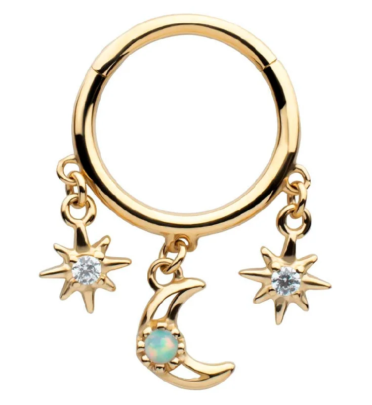 Crest gem earrings-14kt Gold Celestial Charms White Opalite Hinged Segment Ring