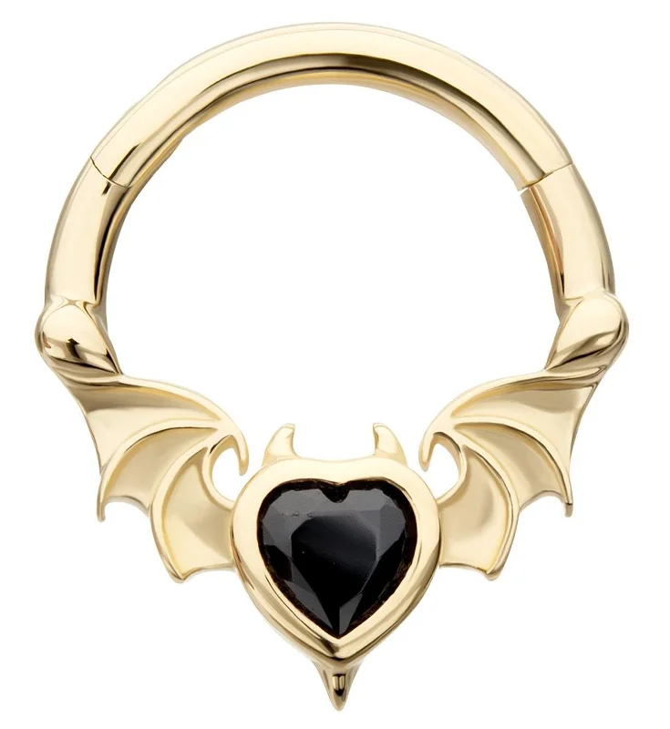 Vintage flair earrings-14kt Gold Devilish Bat Wings Black Heart CZ Hinged Segment Ring