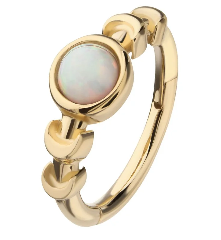 Lunar drop earrings-14kt Gold Moon Phase Bezel White Opalite Hinged Segment Ring