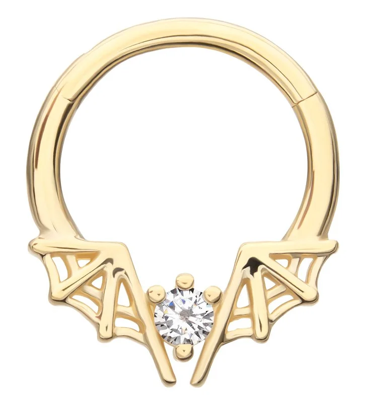 Stone relic earrings-14kt Gold Spiderweb Bat Wings Clear CZ Hinged Segment Ring