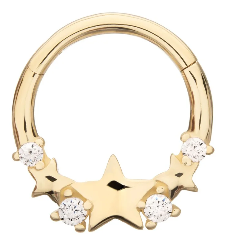 Nickel hoop earrings-14kt Gold Triple Star Clear CZ Hinged Segment Ring