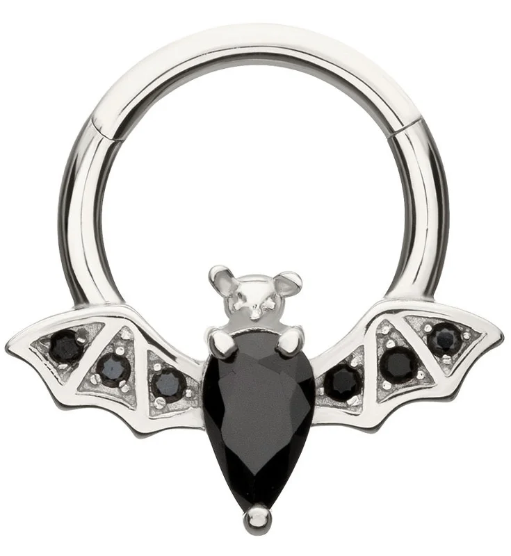 Oat stem earrings-14kt White Gold Flying Bat Black CZ Hinged Segment Ring