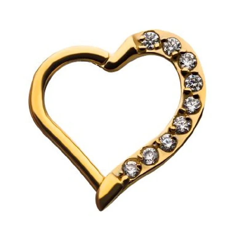 Sealed stone earrings-16G Gold PVD Heart CZ Hinged Segment Ring