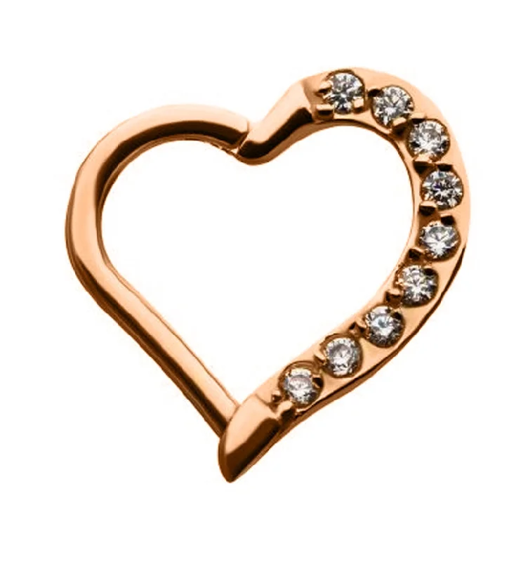 Curved metal earrings-16G Rose Gold PVD Heart CZ Hinged Segment Ring