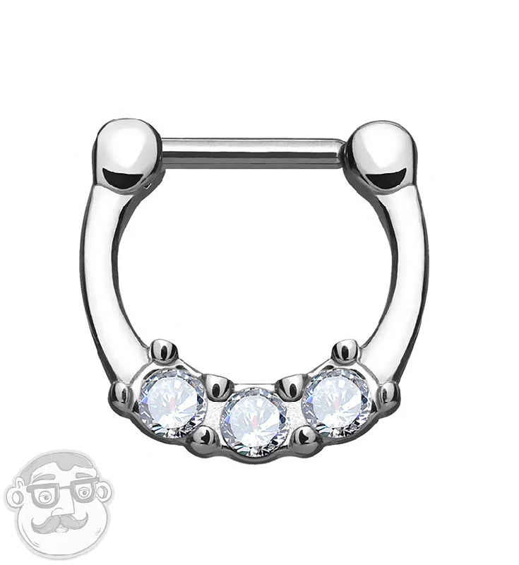 Steel forged earrings-16G Triple CZ Gem Stainless Steel Septum Clicker