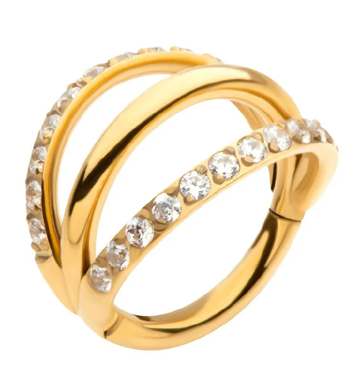 Curved metal earrings-24kt Gold PVD Triple Side Bar Dual Clear CZ Row Titanium Hinged Segment Ring