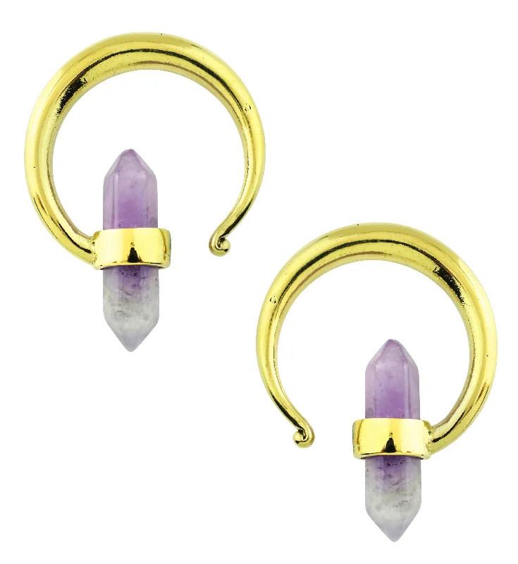 Wave-shaped zircon earrings-Amethyst Crystal Hoop Brass Ear Weights