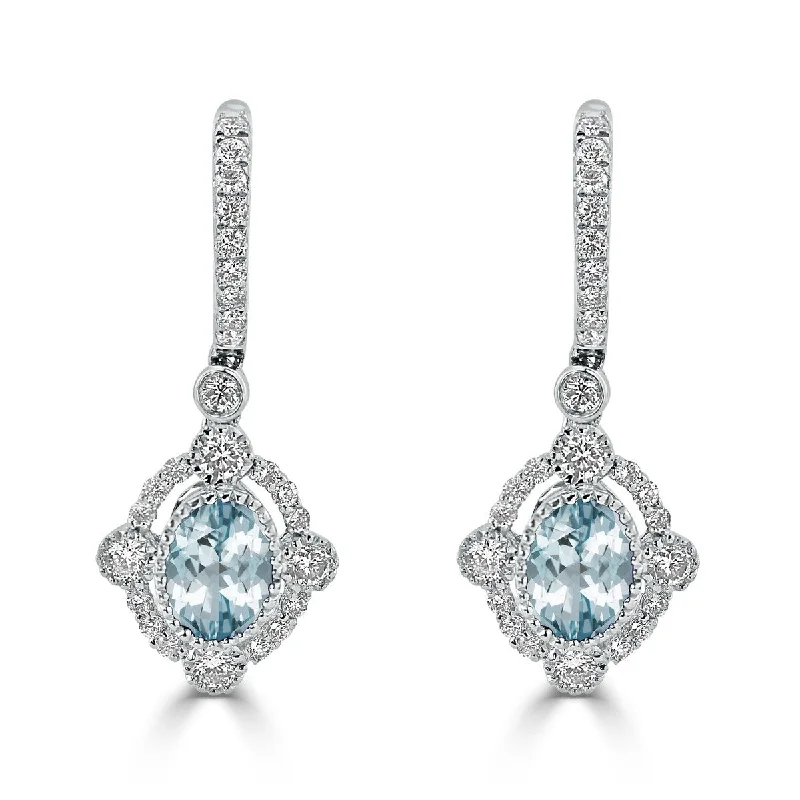 Tribal badge earrings-Auriya 1 1/3ct Fancy Oval-cut Aquamarine Halo Diamond Dangle Earrings 7/8ctw 18k Gold