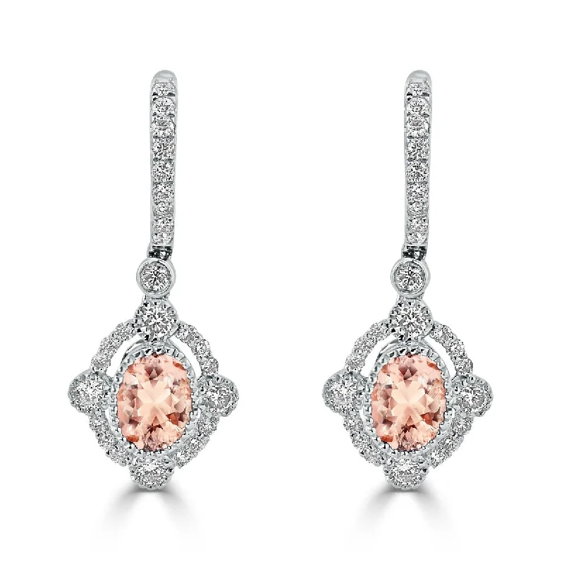 Aged patina earrings-Auriya 1 1/4ct Fancy Oval-cut Morganite Halo Diamond Dangle Earrings 7/8ctw 18k Gold