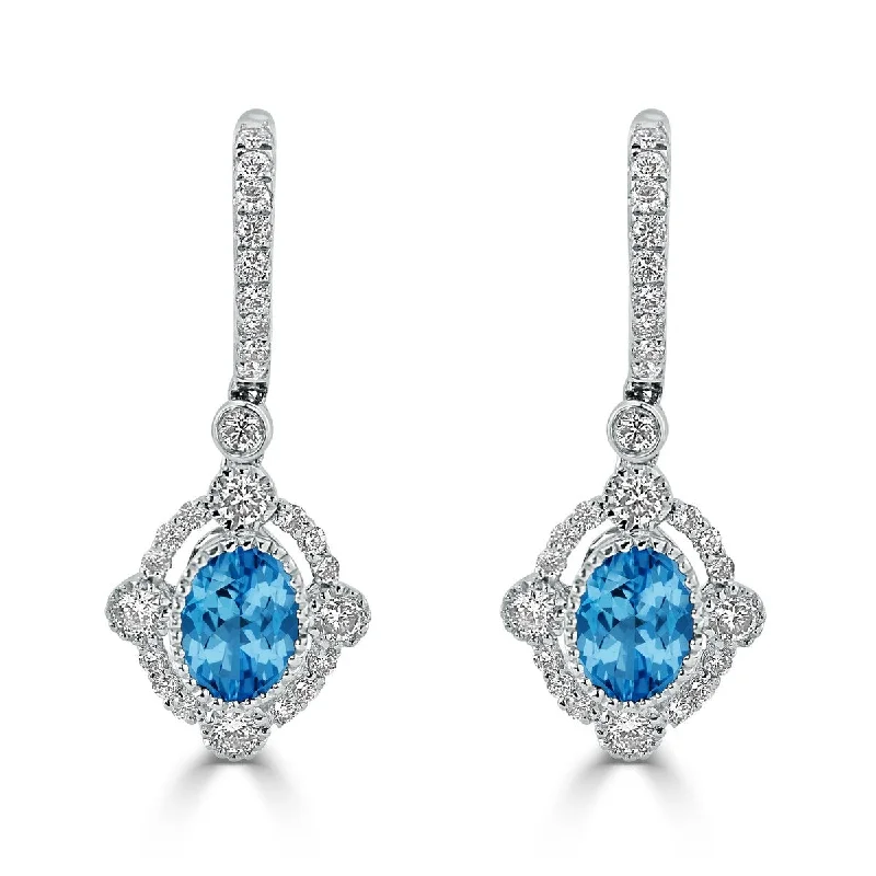 Flax seed earrings-Auriya 1 3/4ct Fancy Oval-cut Blue Topaz Halo Diamond Dangle Earrings 7/8ctw 18k Gold