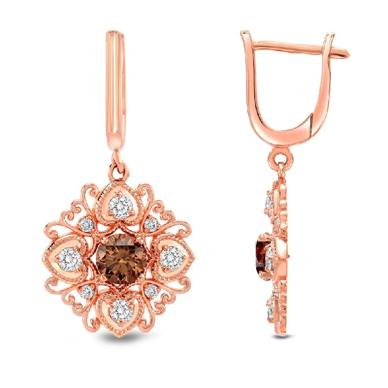 Tartan weave earrings-Auriya 14k Rose Gold 1 4/5ct TDW Vintage Inspired Brown and White Diamond Dangle Earrings