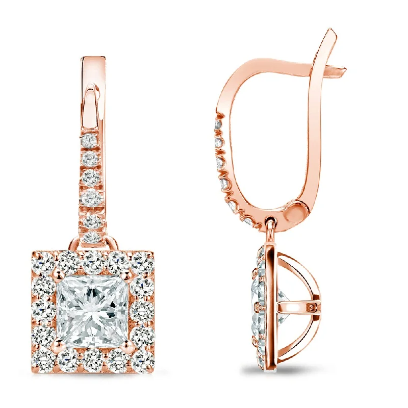 Blended grain earrings-Auriya 1ctw Princess-cut Halo Diamond Dangle Earrings 14k Rose Gold (H-I, SI1-SI2)