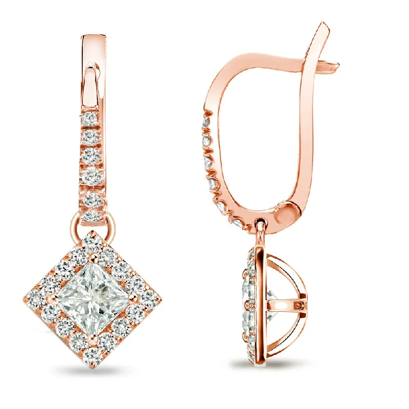 Ribbed edge earrings-Auriya 3/4ctw Princess-cut Halo Diamond Dangle Earrings 14k Rose Gold (I-J, I1-I2)