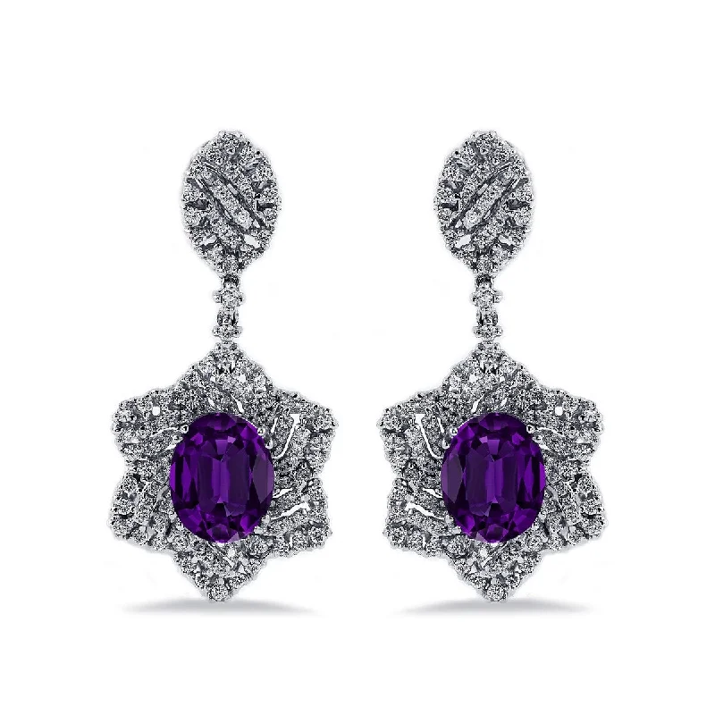 Slim bezel earrings-Auriya 4 5/8ct Fancy Oval-cut Amethyst Halo Diamond Drop Earrings 1 1/4ctw 18k Gold