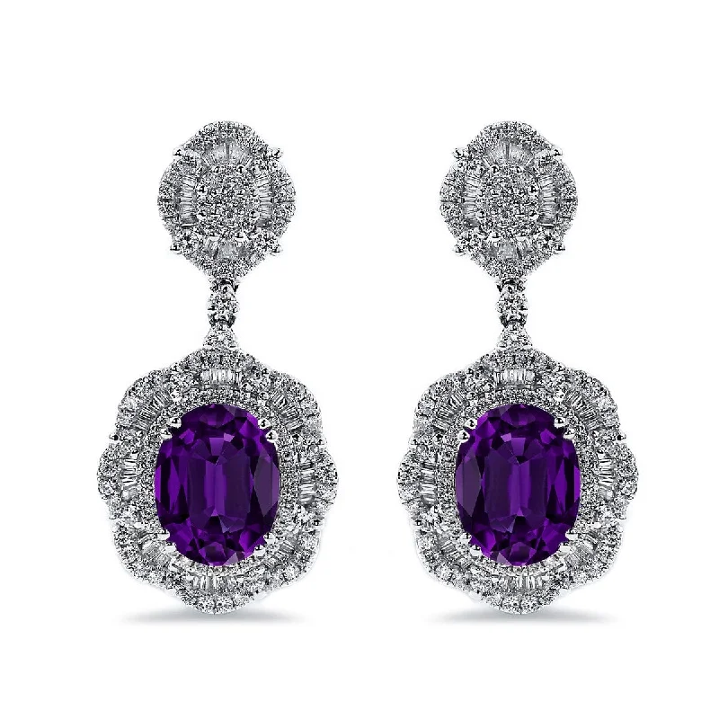 Secret glyph earrings-Auriya 4 5/8ctFancy Oval-cut Purple Amethyst Halo Diamond Drop Earrings 2 5/8ctw 18k Gold