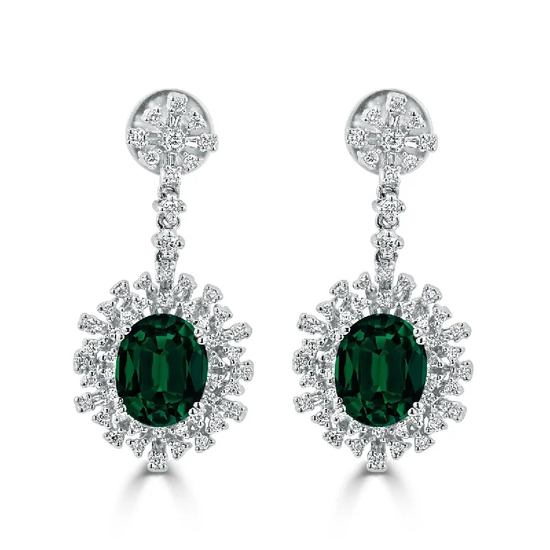 Plaited weave earrings-Auriya 4 9/10ct Fancy Oval-cut Emerald Halo Diamond Drop Earrings 1 1/3ctw 18k Gold