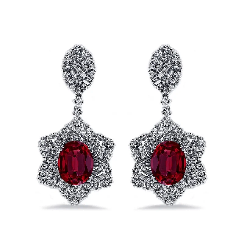 Lavender fluorite earrings-Auriya 5 3/4ct Fancy Oval-cut Red Ruby Halo Diamond Drop Earrings 1 1/4ctw 18k Gold