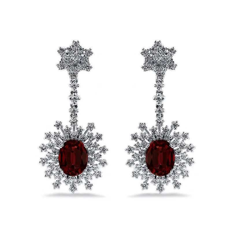 Cushion-cut sapphire earrings-Auriya 5 5/8ct Fancy Oval-cut Garnet Halo Diamond Drop Earrings 1 7/8ctw 18k Gold