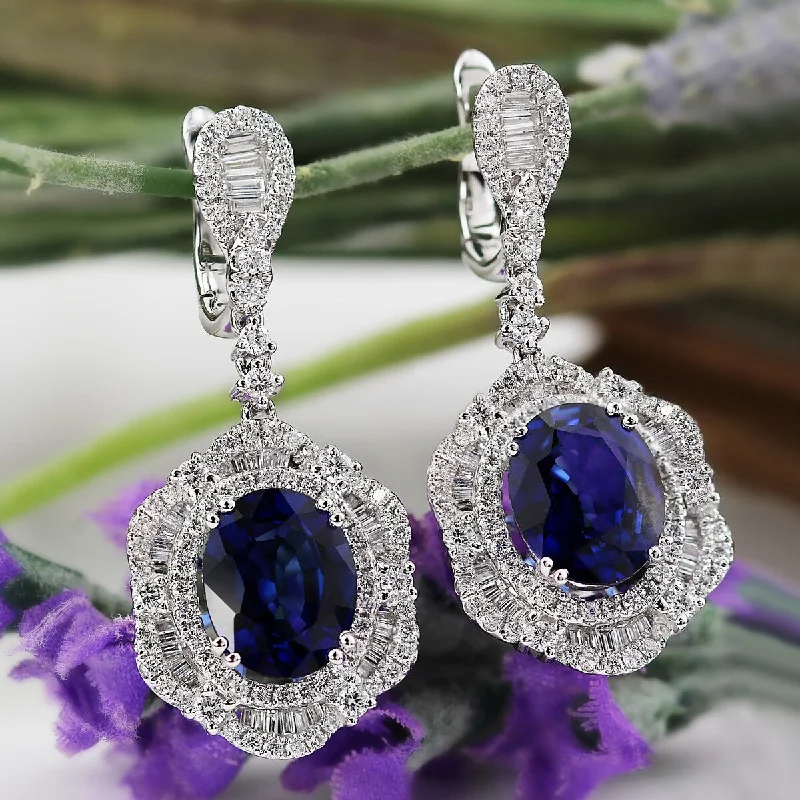 Coral ruby earrings-Auriya Fancy 6 3/8ct Royal Blue Sapphire Oval and 2 3/8ctw Halo Diamond Earrings 18K Gold