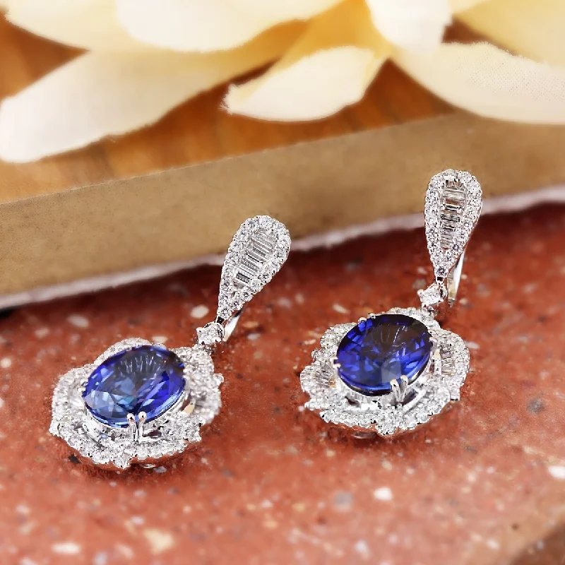 Jade point earrings-Auriya Fancy 6 3/8cttw Royal Blue Sapphire Oval and 2 1/8ctw Halo Diamond Earrings 18K Gold