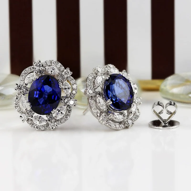 Tulip petal earrings-Auriya Fancy 7 1/2ct Royal Blue Sapphire Oval and 1 3/4ctw Halo Diamond Earrings 18K Gold