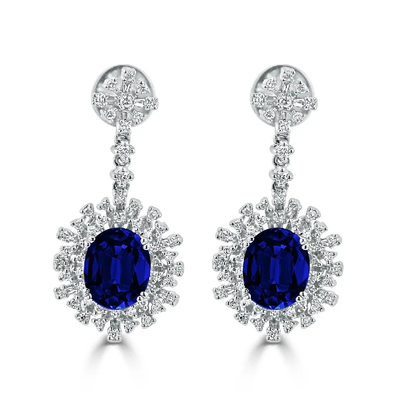 Plaid check earrings-Auriya Fancy 7 5/8ct Blue Sapphire Oval and 1 1/3ctw Diamond Halo Dangle Earrings 18k Gold