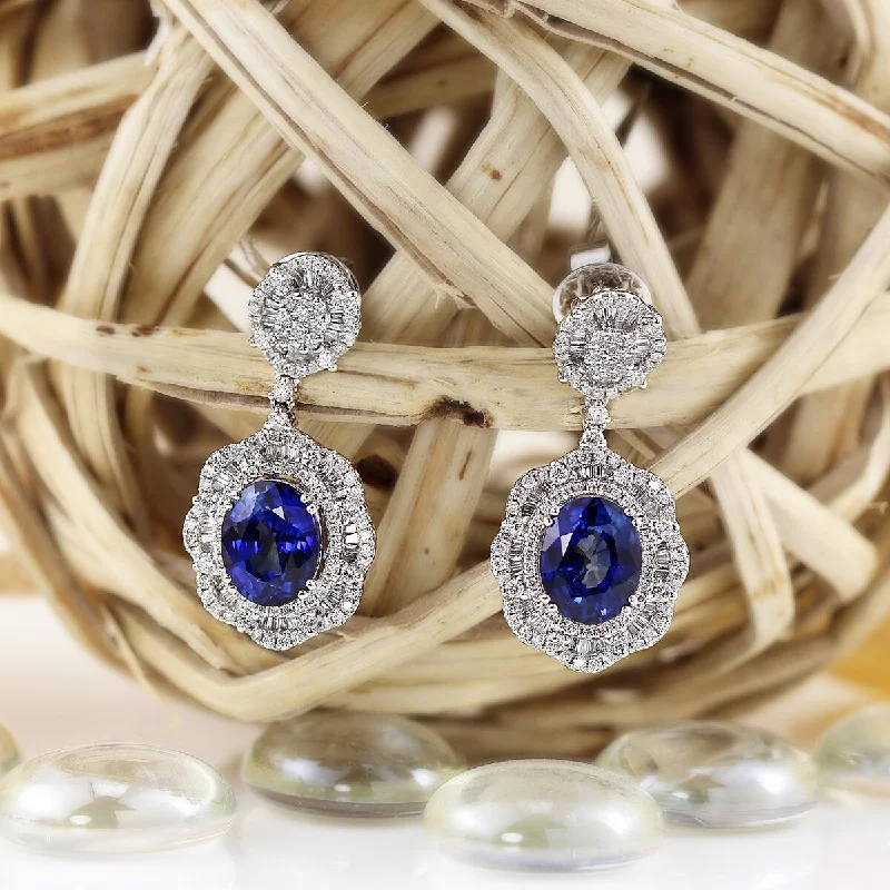 Hooked clasp earrings-Auriya Fancy 8 1/5ct Royal Blue Sapphire Oval and 1 5/8ctw Halo Diamond Dangling Earrings 18K Gold