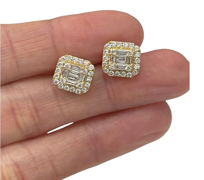 Multi-stack earrings-Baguettes Square Cluster Diamond Earrings Yellow Gold