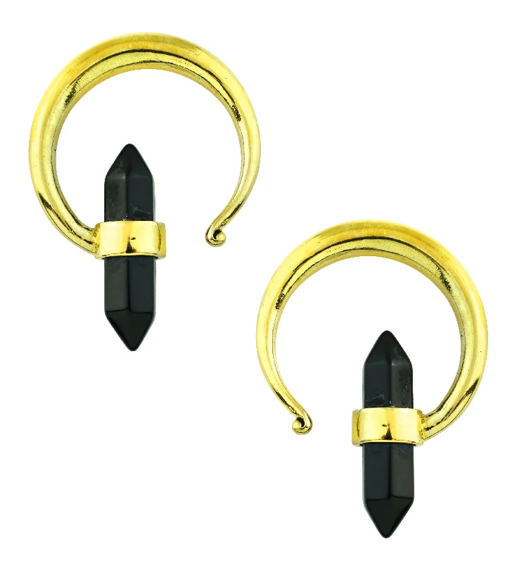 Cushion-cut sapphire earrings-Black Onyx Crystal Hoop Brass Ear Weights