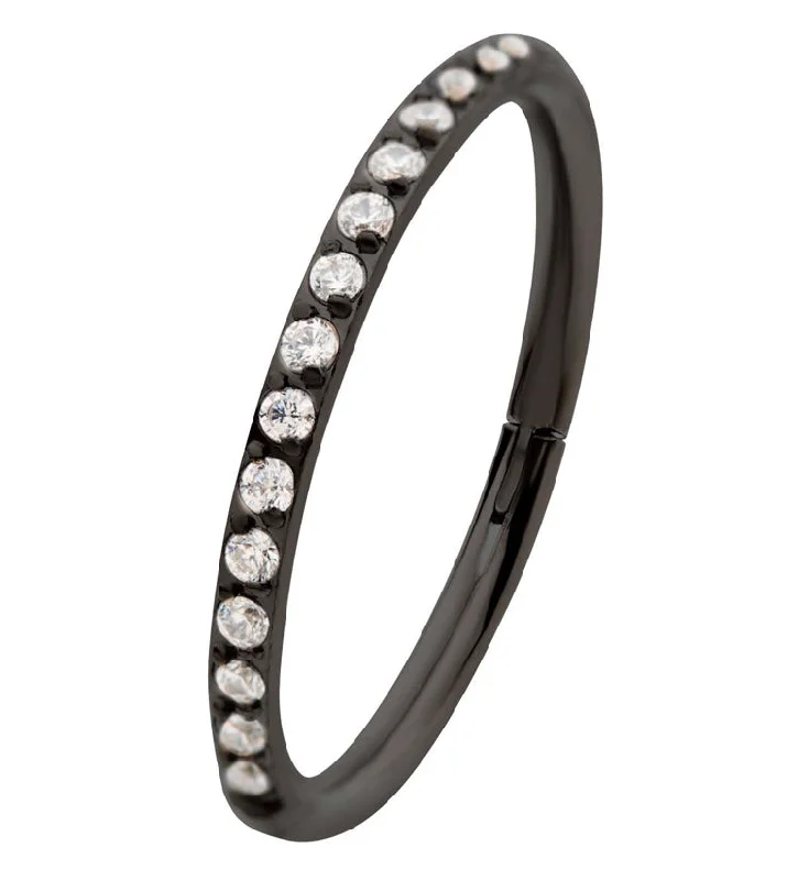 Hooked clasp earrings-Black PVD Clear CZ Row Titanium Hinged Segment Ring