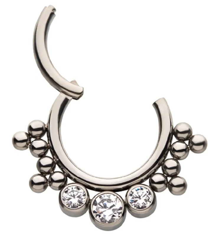 Embossed design earrings-Cluster Beaded Triple CZ Titanium Hinged Segment Ring