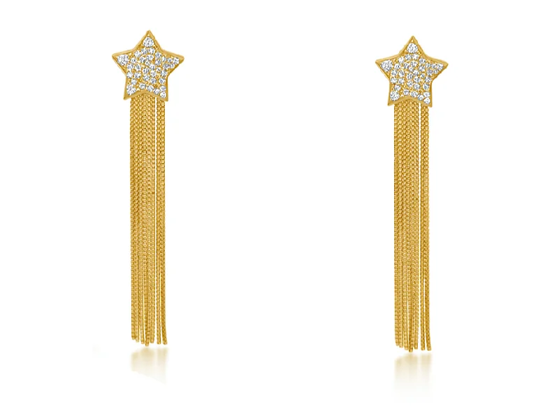 Leaf stem earrings-Earrings 14kt Gold Star Studs with Diamonds and rain of Chains