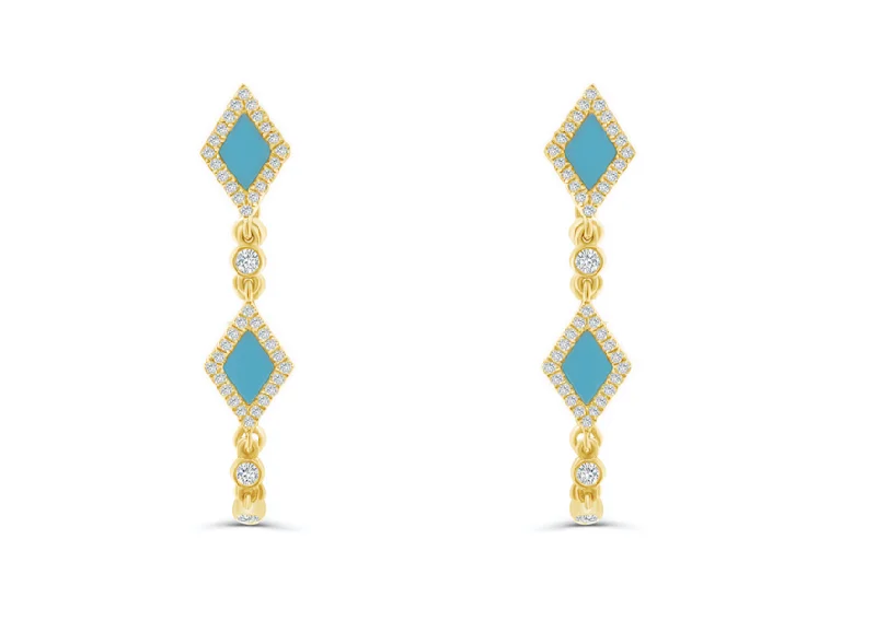 Nailed design earrings-Earrings 14kt Gold Turquoise Rhombus Shape Chain & Outline Diamonds