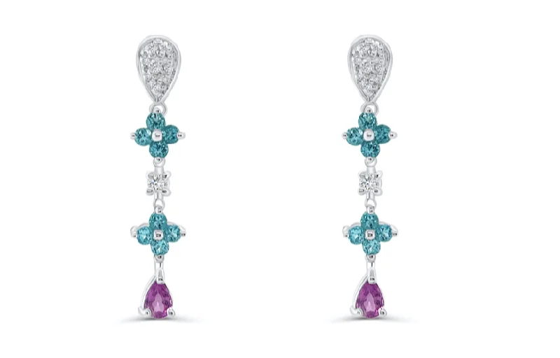 Plaited weave earrings-Earrings 18kt Gold Blue Topaz Flowers and Pink Sapphires Drops