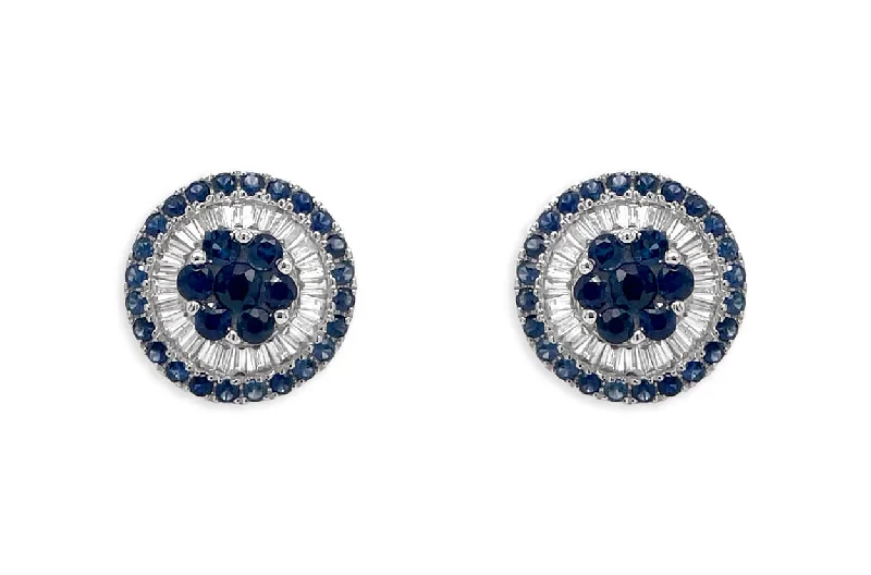 Plaid check earrings-Earrings 18kt White Gold Center-Border Blue Sapphires & Diamonds Pizza