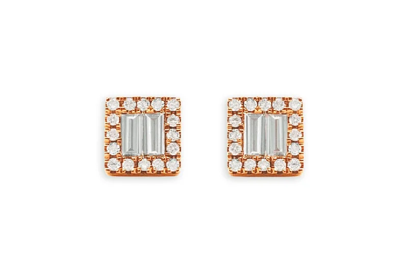 Tartan weave earrings-Earrings 18kt Gold Square Illusion Baguettes & Rounds Diamonds Studs