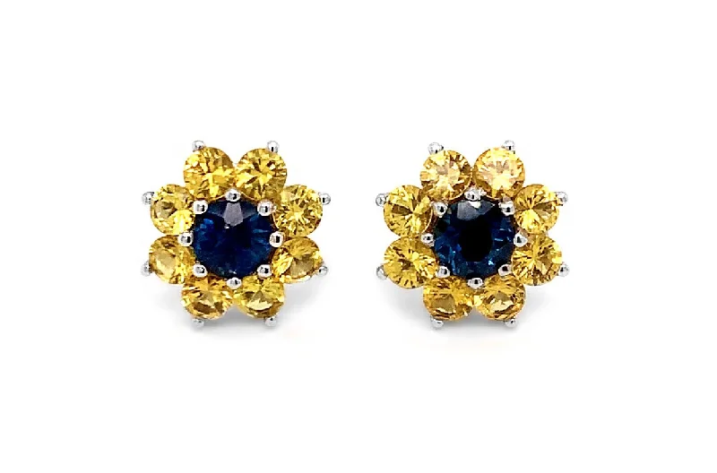 Polished gem earrings-Earrings 18kt Gold Sunflowers with Sapphires Stud