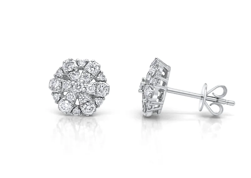 Border gem earrings-Earrings 18kt White Gold Hexagonal Flowers Round Diamonds