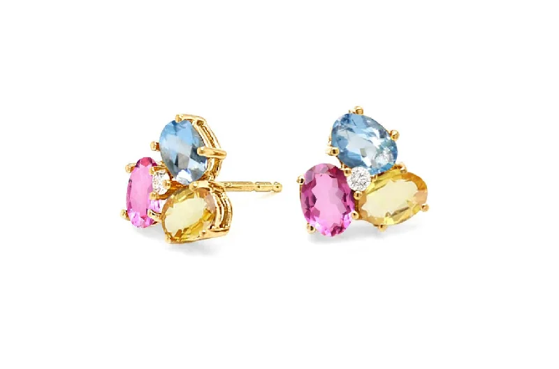 Fourteen-stone earrings-Earrings Center Diamond and Oval Gemstones Flower 18kt Gold