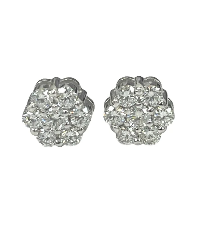 Reed wrap earrings-Flower Cluster Round Brilliant Diamond Earrings White Gold