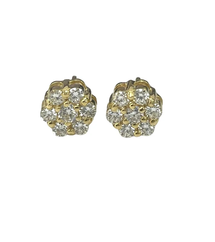 Embossed design earrings-Flower Cluster Round Brilliant Diamond Earrings Yellow Gold