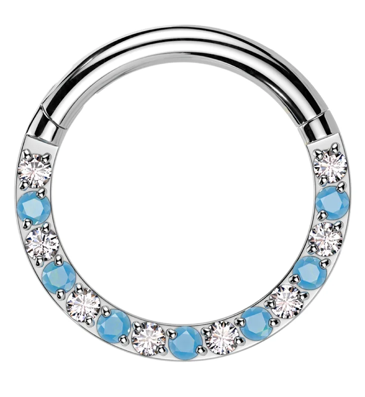 Tiered gem earrings-Front Facing Clear CZ Turquoise Titanium Hinged Segment Ring