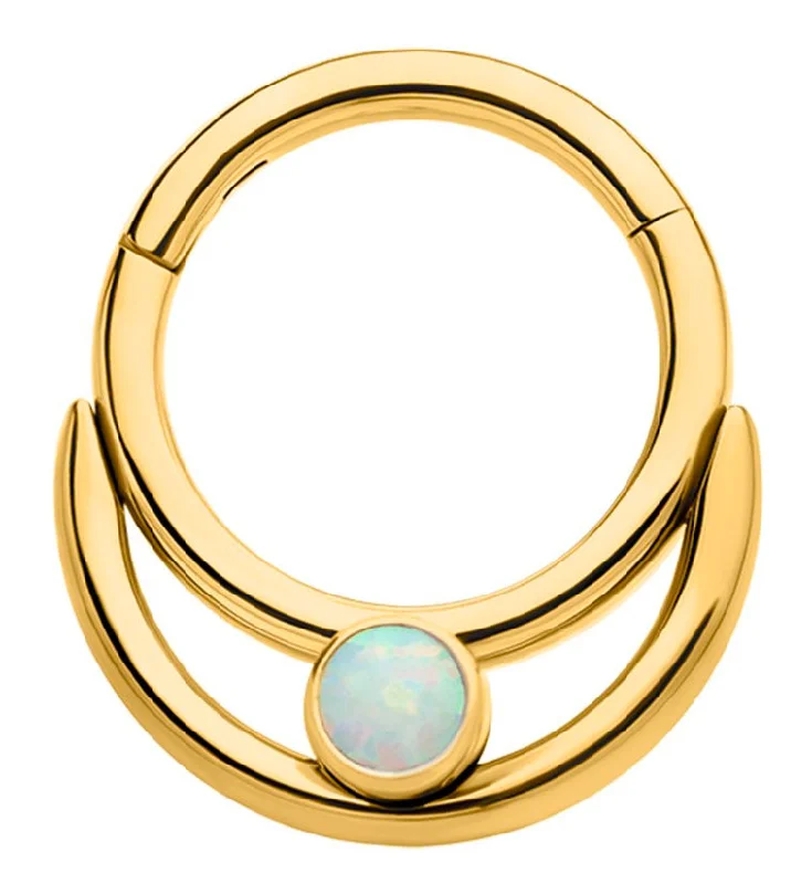 Cotton braid earrings-Gold PVD Double Hoop Bezel White Opalite Stainless Steel Hinged Segment Ring