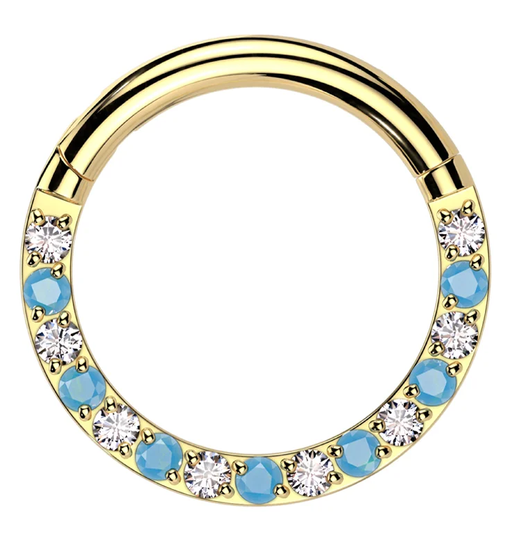 Flex hinge earrings-Gold PVD Front Facing Clear CZ Turquoise Titanium Hinged Segment Ring