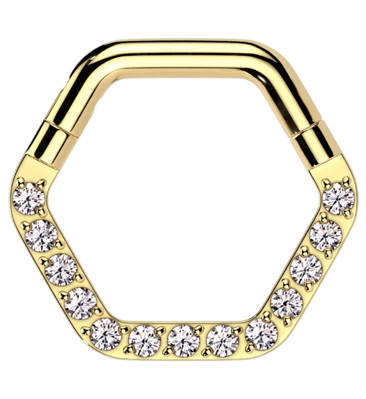 Gritty finish earrings-Gold PVD Hexagon Clear CZ Stainless Steel Hinged Segment Ring