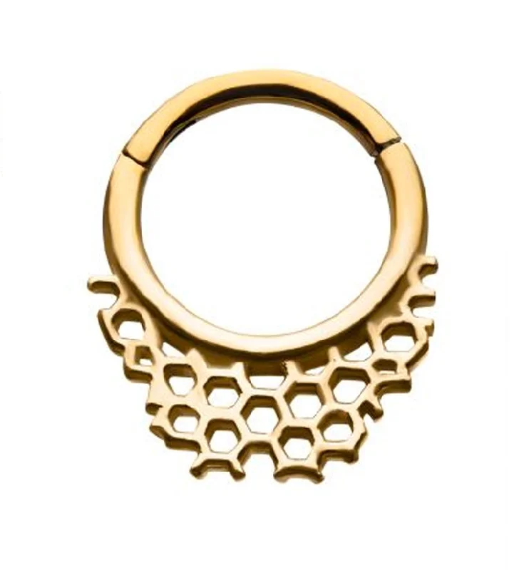 Rotating gem earrings-Gold PVD Honeycomb Hinged Segment Ring