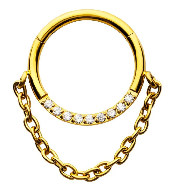 Apex stud earrings-Gold PVD Pave Clear CZ Dangle Chain Stainless Steel Hinged Segment Ring